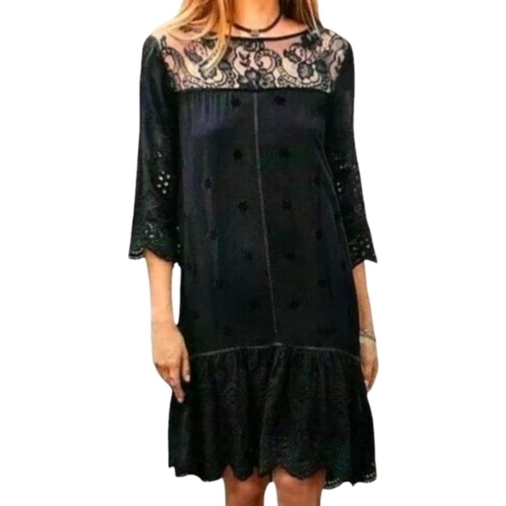 Sundance black eyelet and lace sheath peplum knee length peasant dress L
